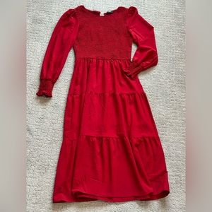Midi Red Cuffed Long Sleeve Dress - Size: S
